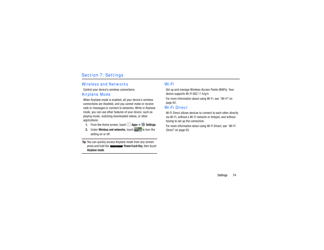 Samsung GH68-38783A user manual Settings, Wireless and Networks, Airplane Mode, Control your device’s wireless connections 