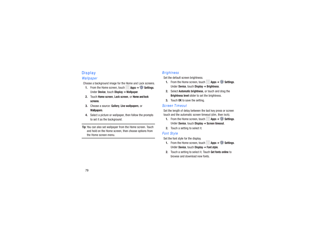 Samsung GH68-38783A user manual Display, Set the default screen brightness, Touch a setting to select it 