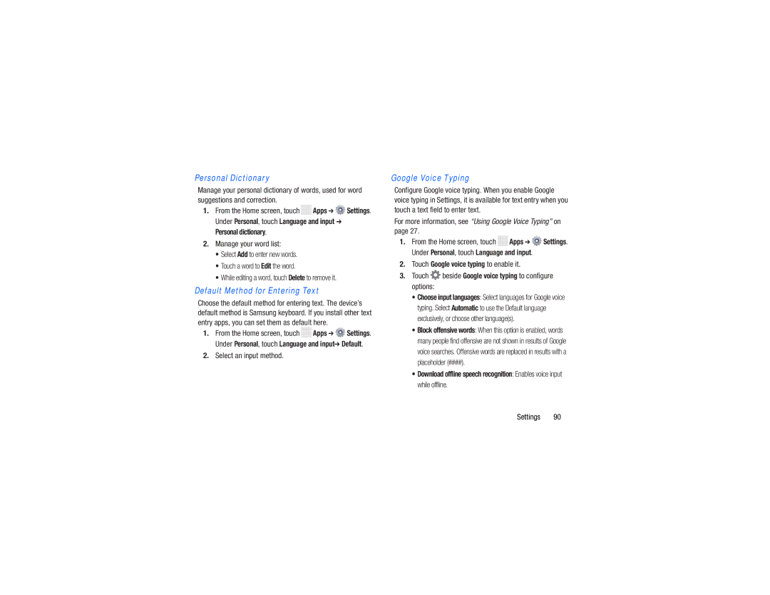 Samsung GH68-38783A Manage your word list, Select an input method, For more information, see Using Google Voice Typing on 