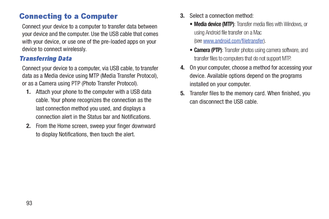 Samsung GH68-39988A manual Connecting to a Computer, Transferring Data, Select a connection method 