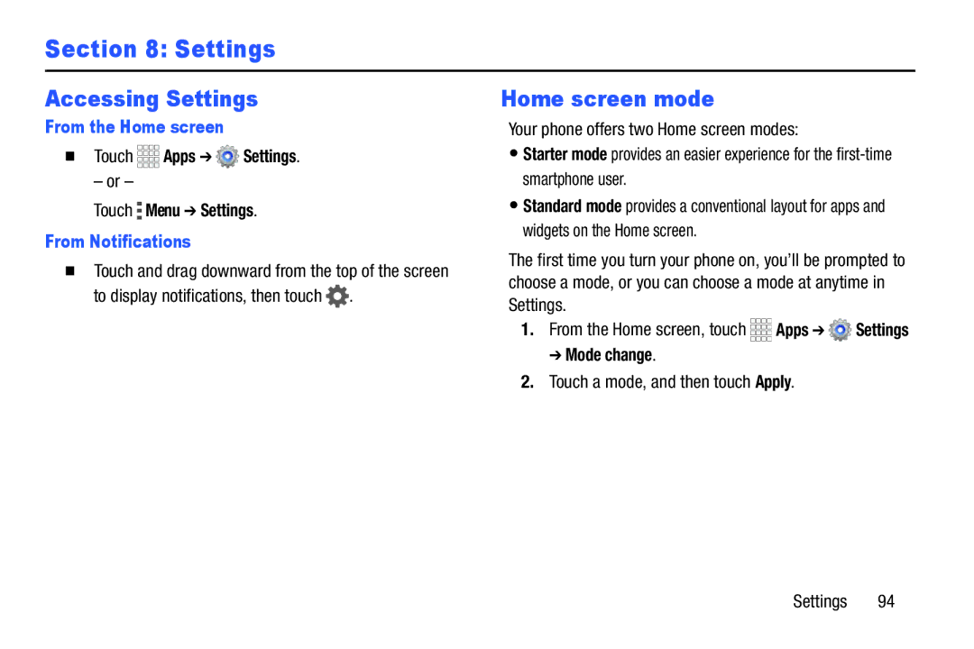 Samsung GH68-39988A manual Accessing Settings, Home screen mode, From the Home screen, From Notifications 