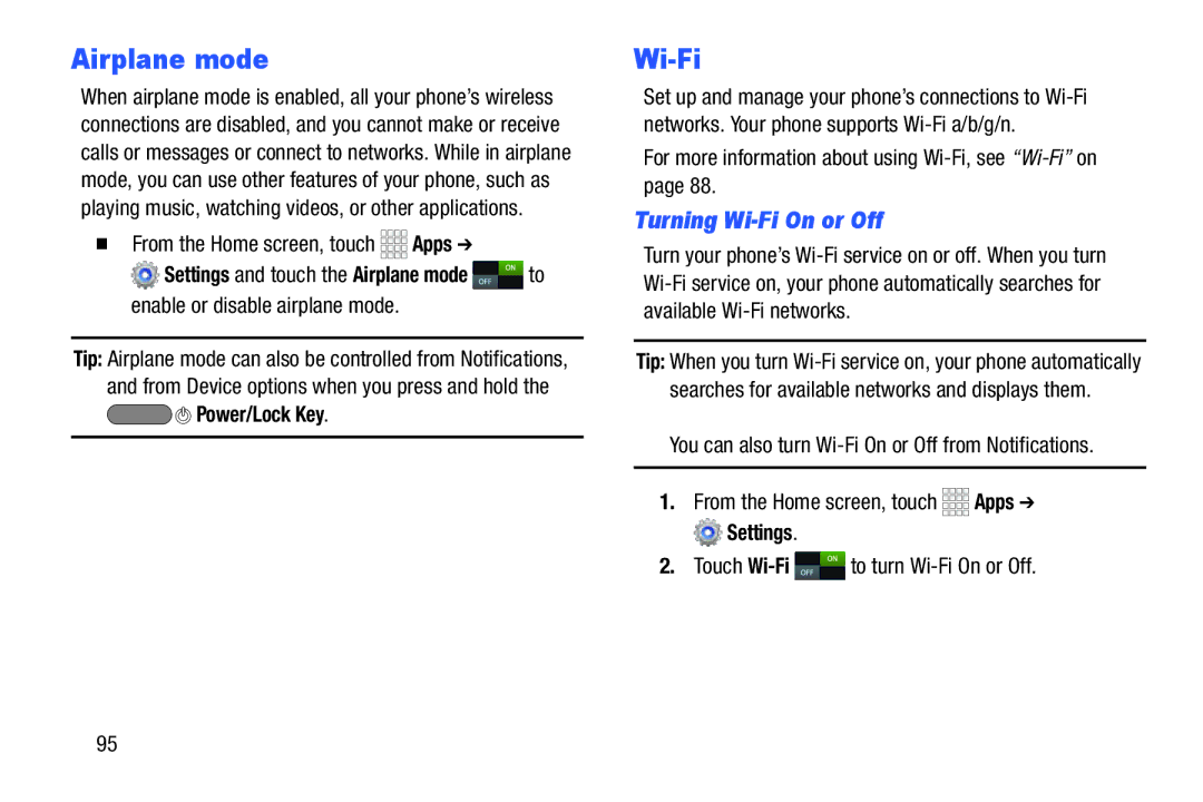 Samsung GH68-39988A manual Airplane mode, For more information about using Wi-Fi, see Wi-Fion 