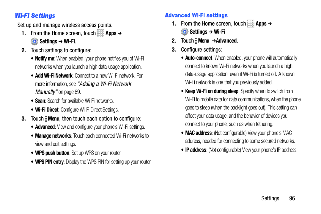 Samsung GH68-39988A manual Wi-Fi Settings, WPS push button Set up WPS on your router, Advanced Wi-Fi settings 