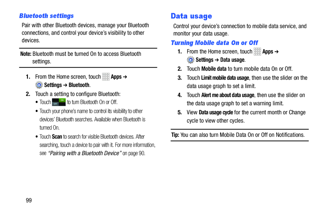 Samsung GH68-39988A manual Data usage, Bluetooth settings, Turning Mobile data On or Off 