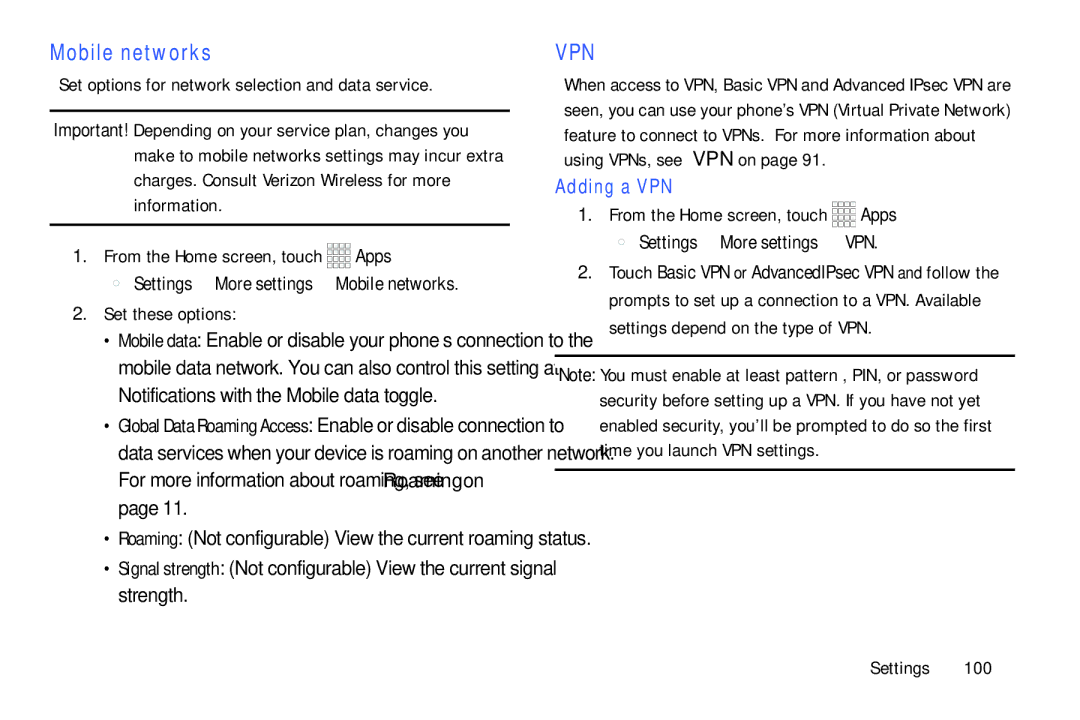 Samsung GH68-39988A Mobile networks, Set options for network selection and data service, Set these options, Adding a VPN 