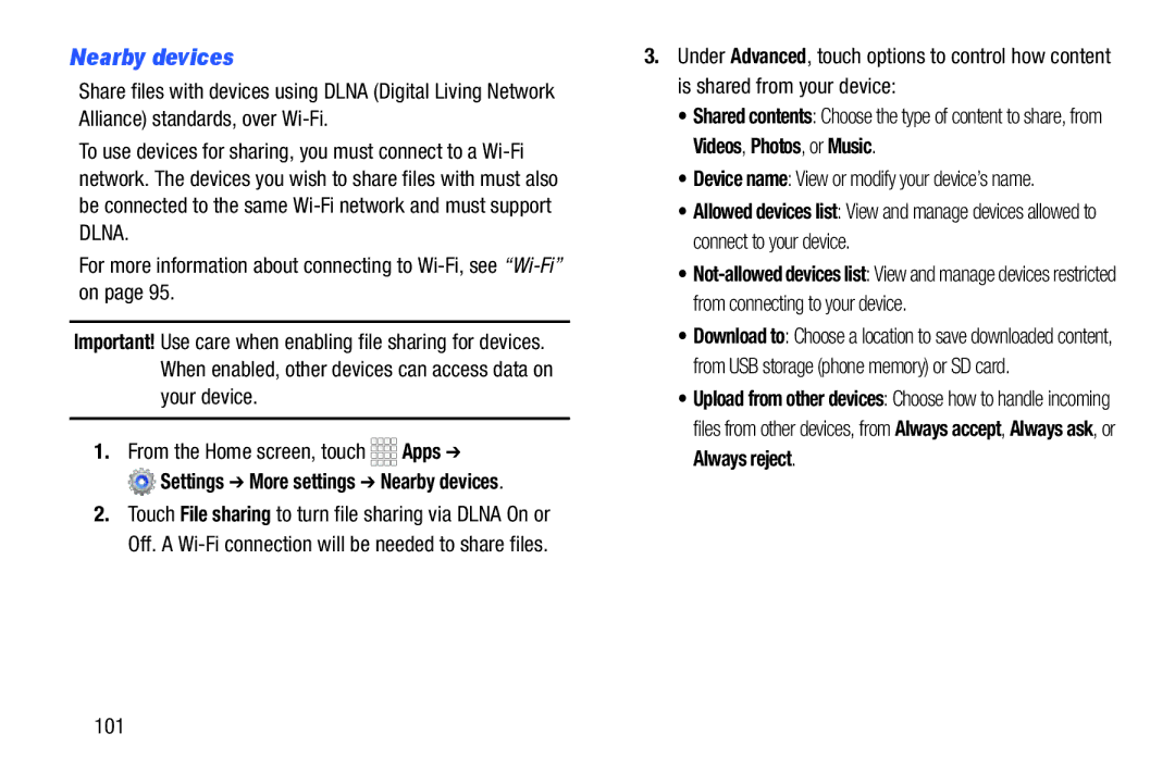 Samsung GH68-39988A manual Nearby devices, 101 