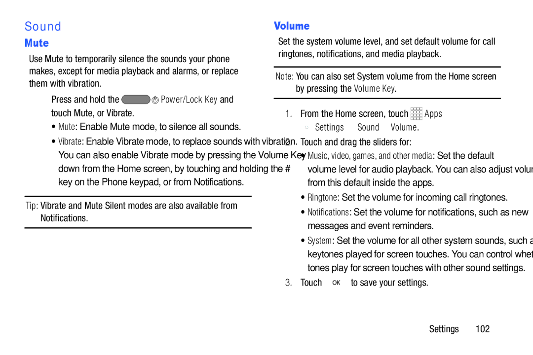 Samsung GH68-39988A manual Sound, Mute, Volume, Touch and drag the sliders for, Touch to save your settings Settings 