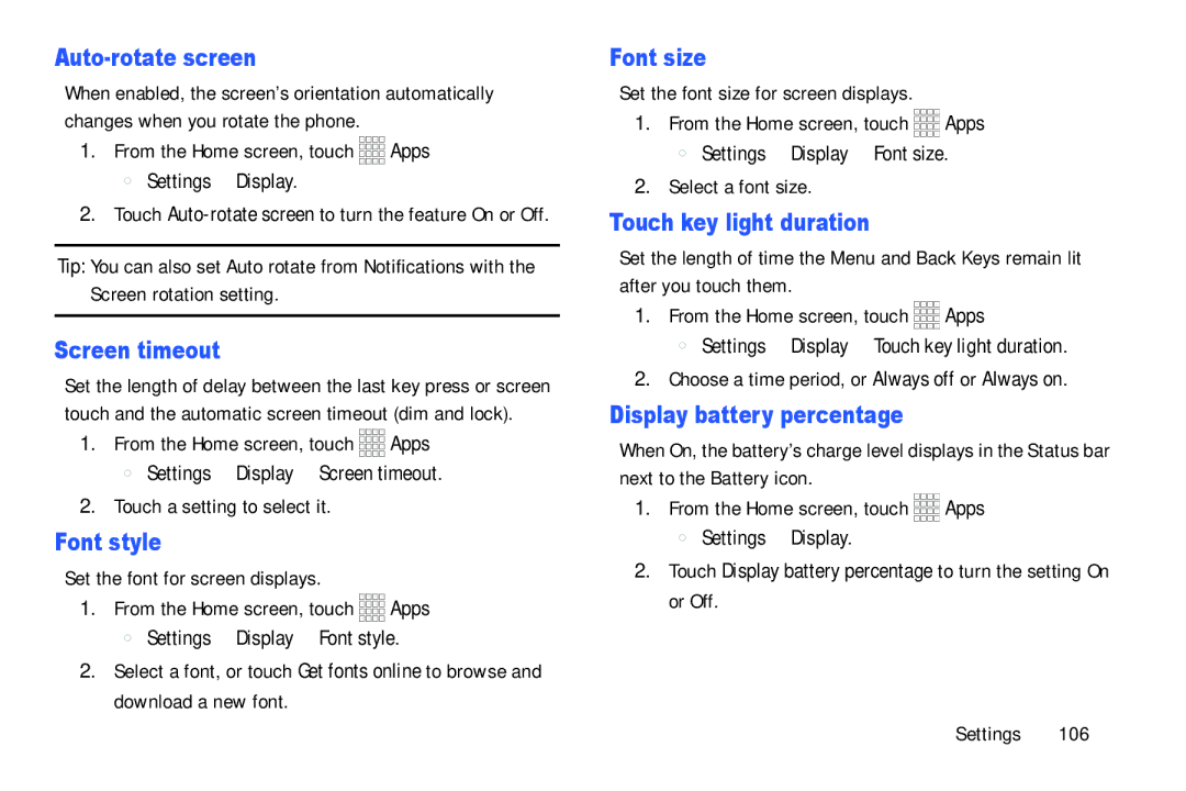 Samsung GH68-39988A manual Auto-rotate screen, Screen timeout, Font style, Font size, Touch key light duration 