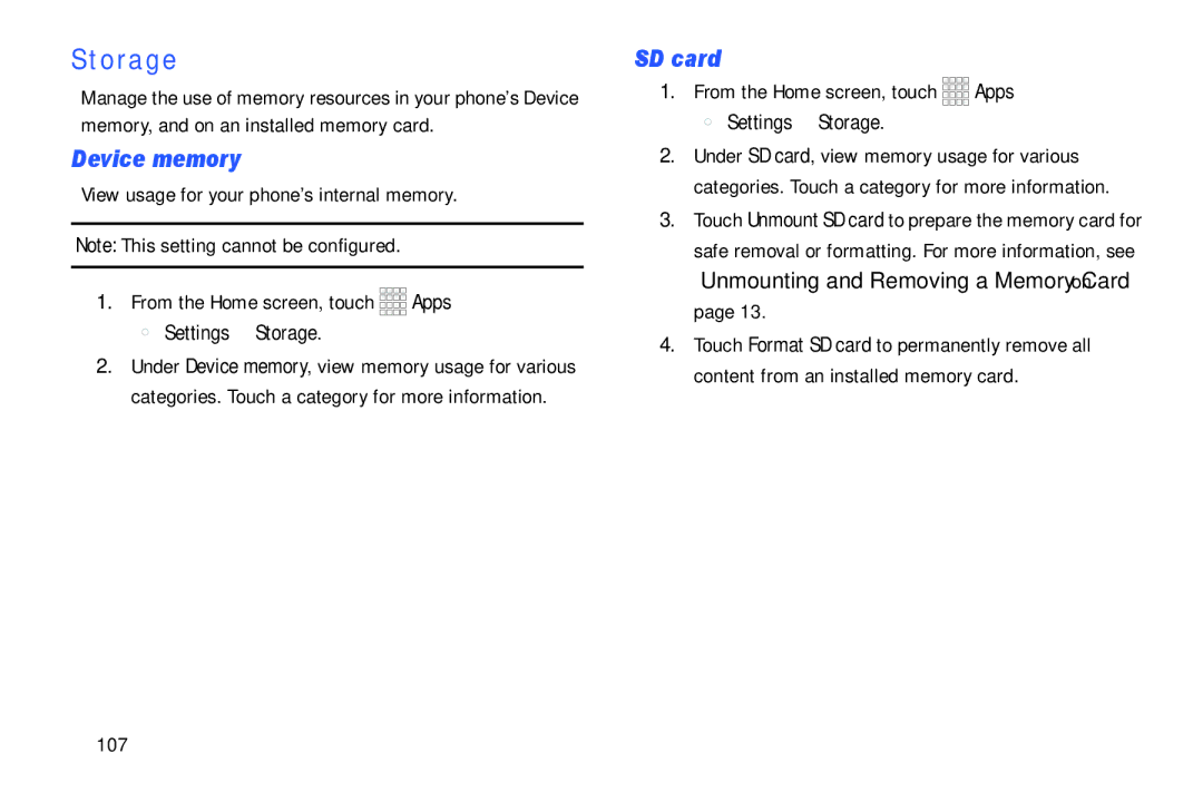 Samsung GH68-39988A manual Storage, Device memory, SD card, 107 