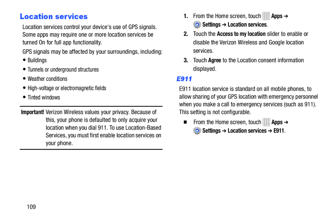 Samsung GH68-39988A manual Location services, E911, Touch Agree to the Location consent information displayed, 109 