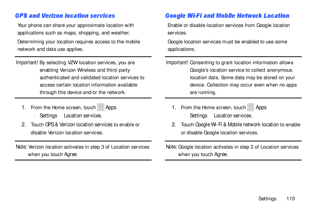 Samsung GH68-39988A manual GPS and Verizon location services, Google Wi-Fi and Mobile Network Location 