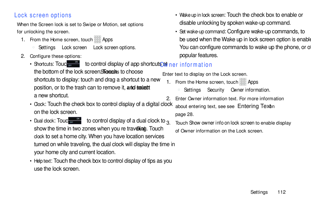 Samsung GH68-39988A manual Lock screen options, Owner information, Enter text to display on the Lock screen 