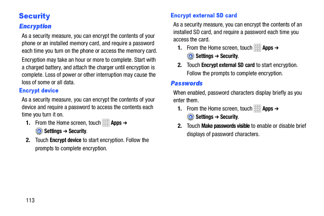 Samsung GH68-39988A manual Security, Encryption, Passwords, Encrypt device, Encrypt external SD card 