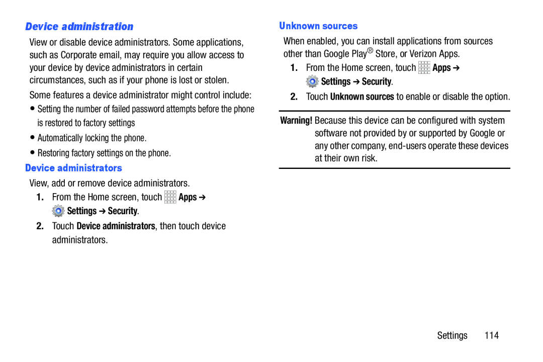 Samsung GH68-39988A manual Device administration, Device administrators, Unknown sources 