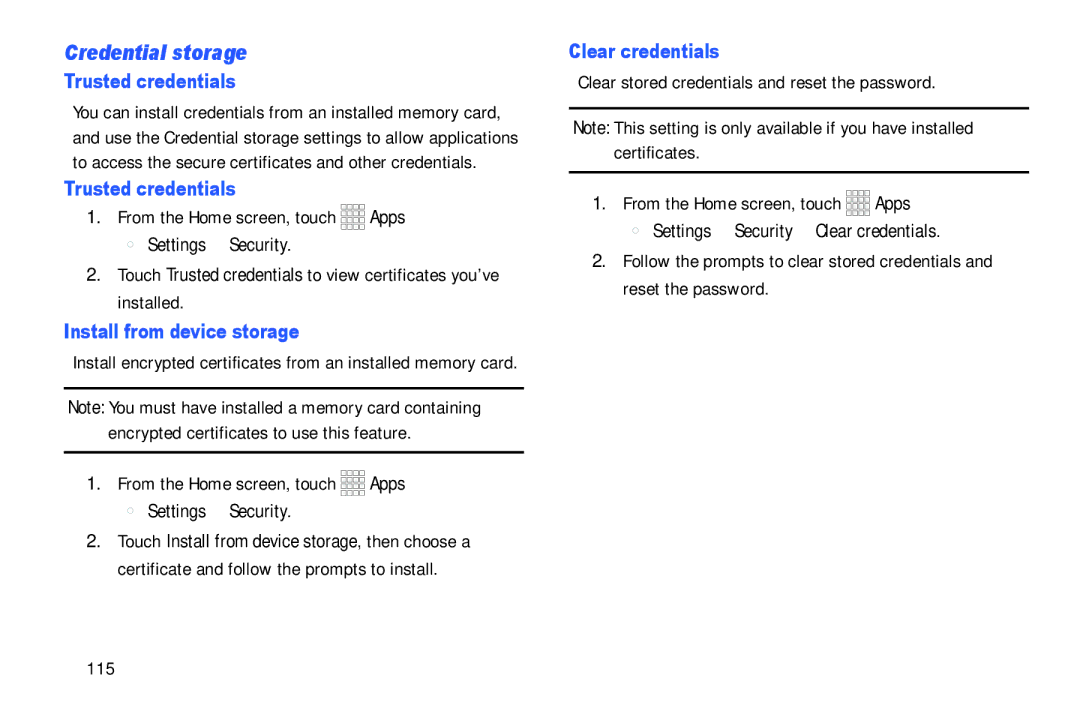 Samsung GH68-39988A manual Credential storage, Trusted credentials, Install from device storage, Clear credentials 