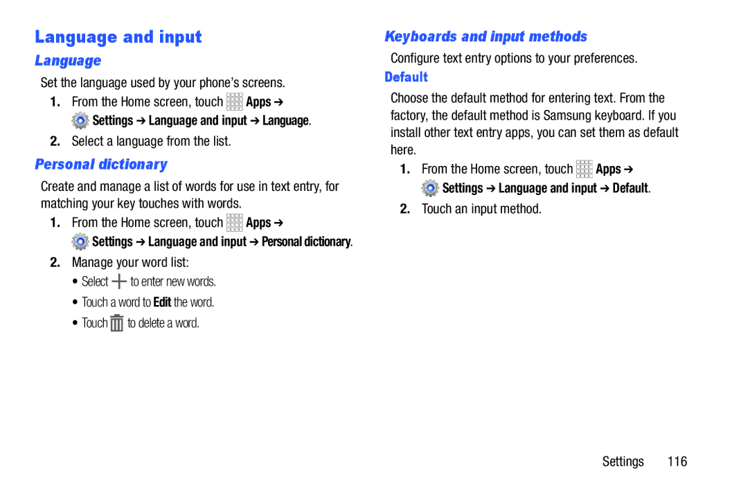 Samsung GH68-39988A manual Language and input, Personal dictionary, Keyboards and input methods, Default 