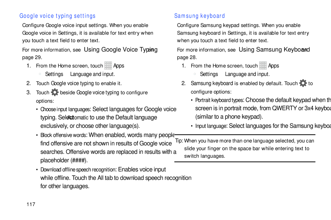 Samsung GH68-39988A Google voice typing settings, For more information, see Using Google Voice Typing on, Samsung keyboard 