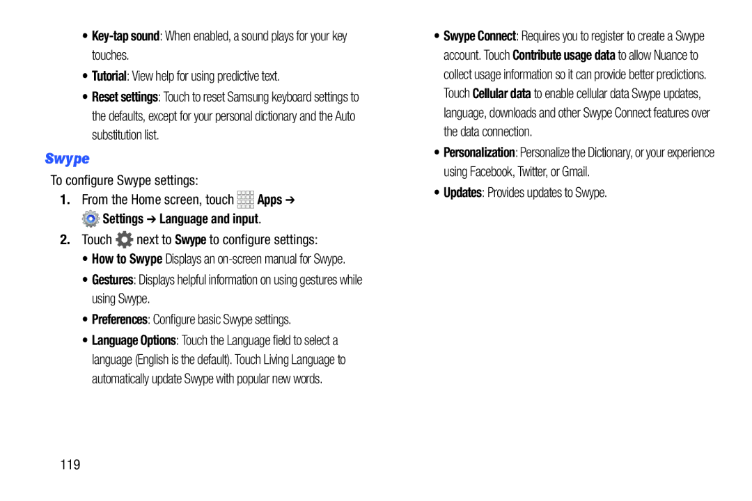 Samsung GH68-39988A manual To configure Swype settings, Touch next to Swype to configure settings 