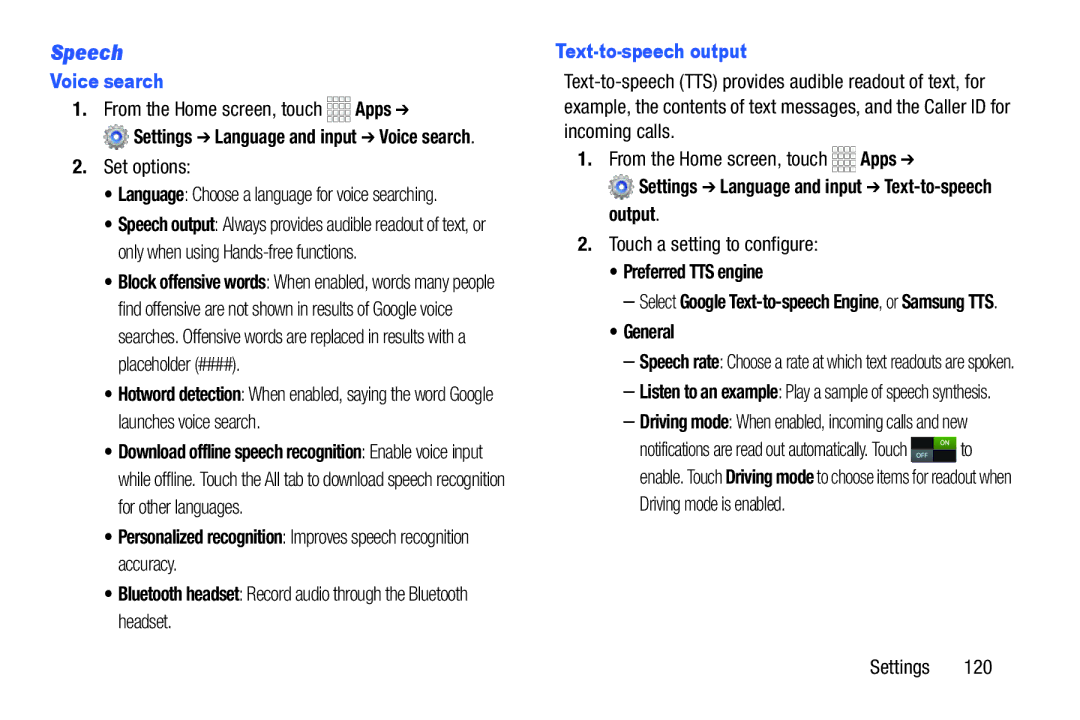 Samsung GH68-39988A manual Speech, Voice search, Text-to-speech output 