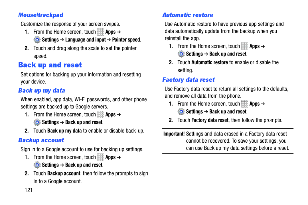 Samsung GH68-39988A manual Back up and reset 