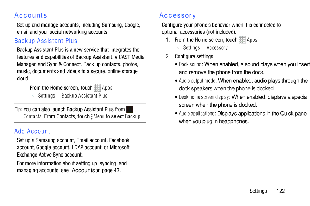 Samsung GH68-39988A manual Accessory, Backup Assistant Plus, Add Account 