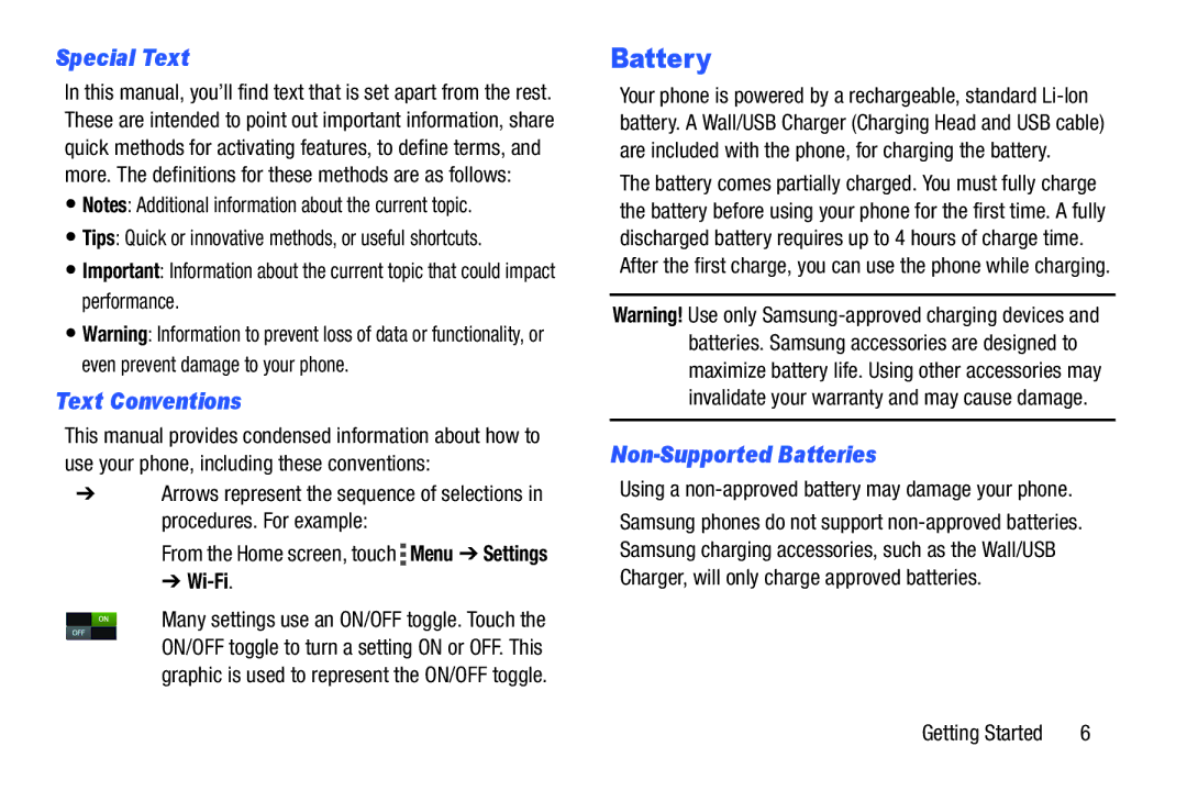 Samsung GH68-39988A manual Battery, Special Text, Text Conventions, Non-Supported Batteries, Wi-Fi 