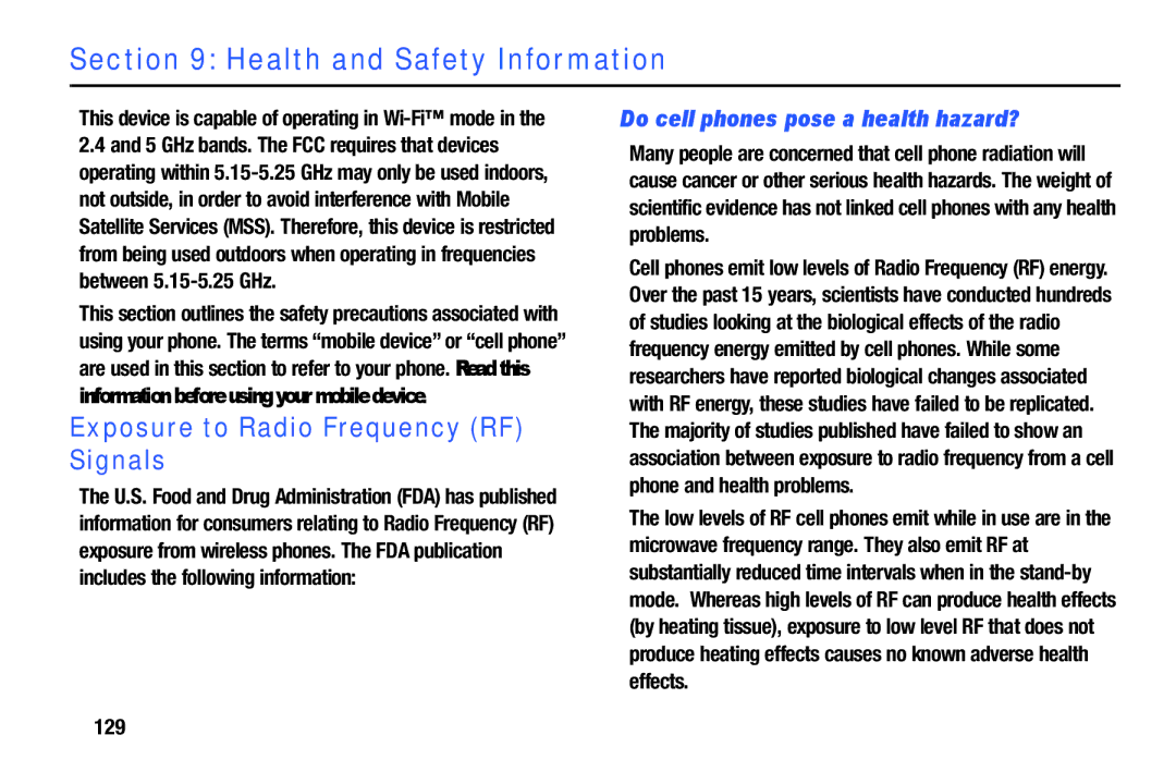 Samsung GH68-39988A manual Exposure to Radio Frequency RF Signals, Do cell phones pose a health hazard?, 129 