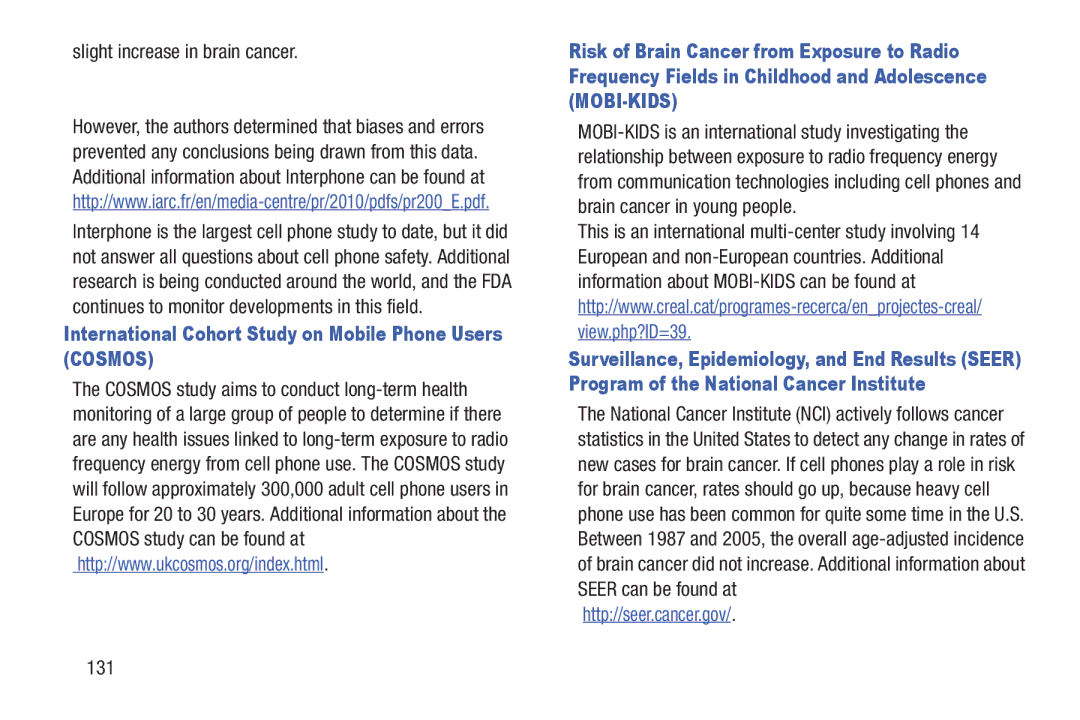 Samsung GH68-39988A manual Slight increase in brain cancer, International Cohort Study on Mobile Phone Users Cosmos, 131 