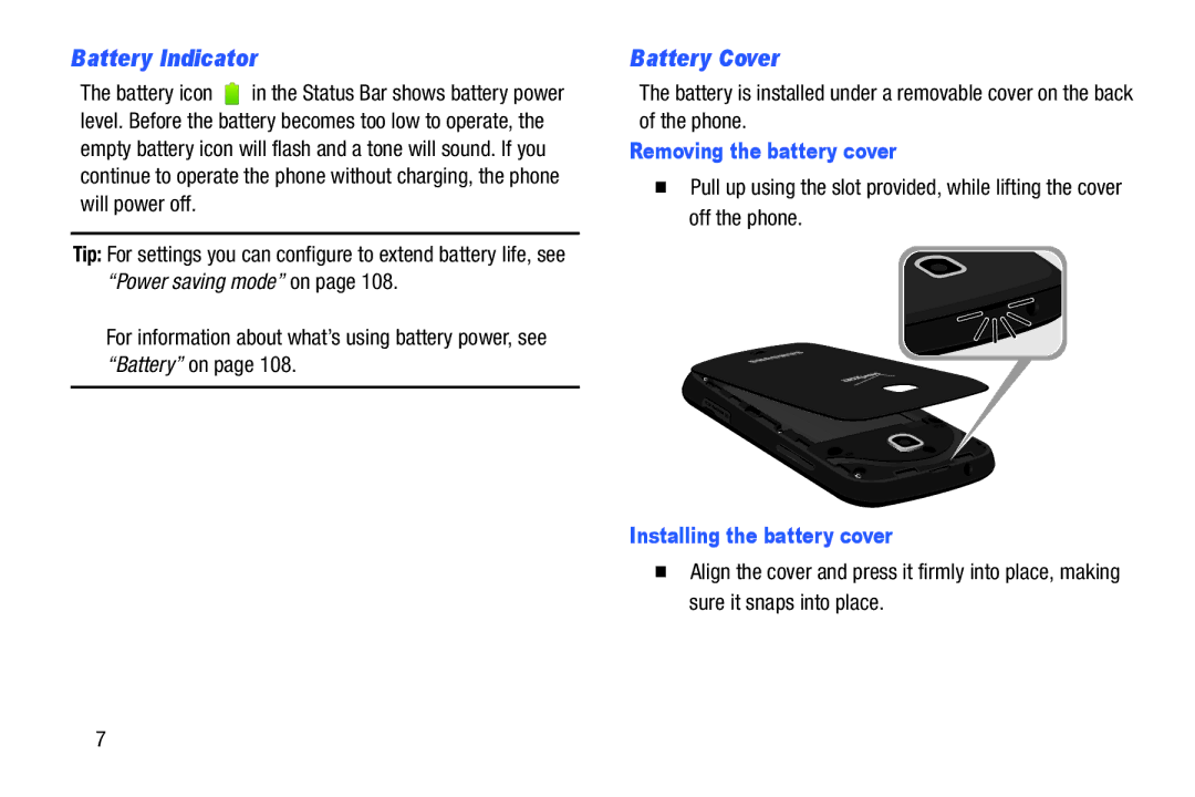 Samsung GH68-39988A manual Battery Indicator, Battery Cover, Removing the battery cover, Installing the battery cover 