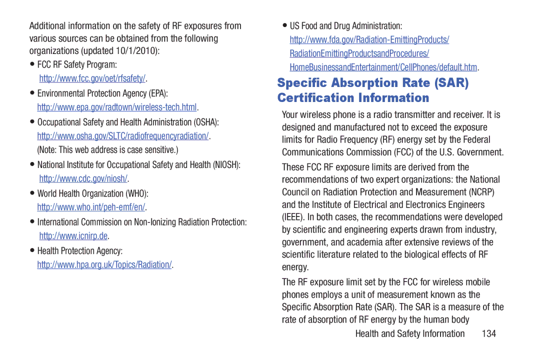 Samsung GH68-39988A manual Specific Absorption Rate SAR Certification Information, 134 