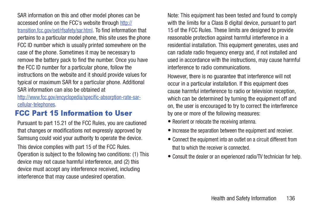 Samsung GH68-39988A manual FCC Part 15 Information to User, Reorient or relocate the receiving antenna, 136 