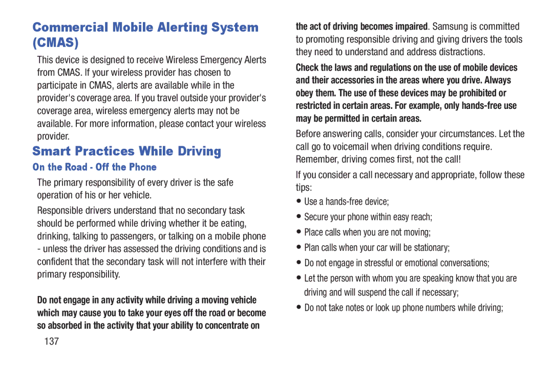 Samsung GH68-39988A Commercial Mobile Alerting System Cmas, Smart Practices While Driving, On the Road Off the Phone, 137 