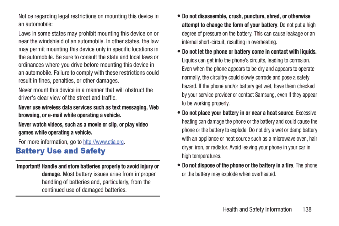 Samsung GH68-39988A manual Battery Use and Safety, 138 