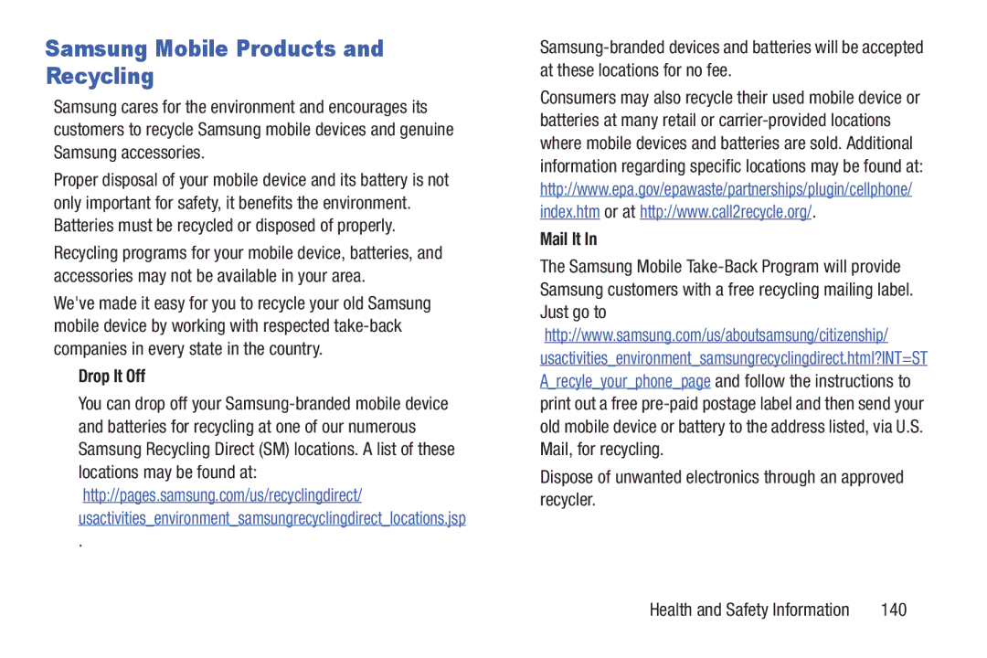 Samsung GH68-39988A manual Samsung Mobile Products and Recycling, Drop It Off, Mail It, 140 