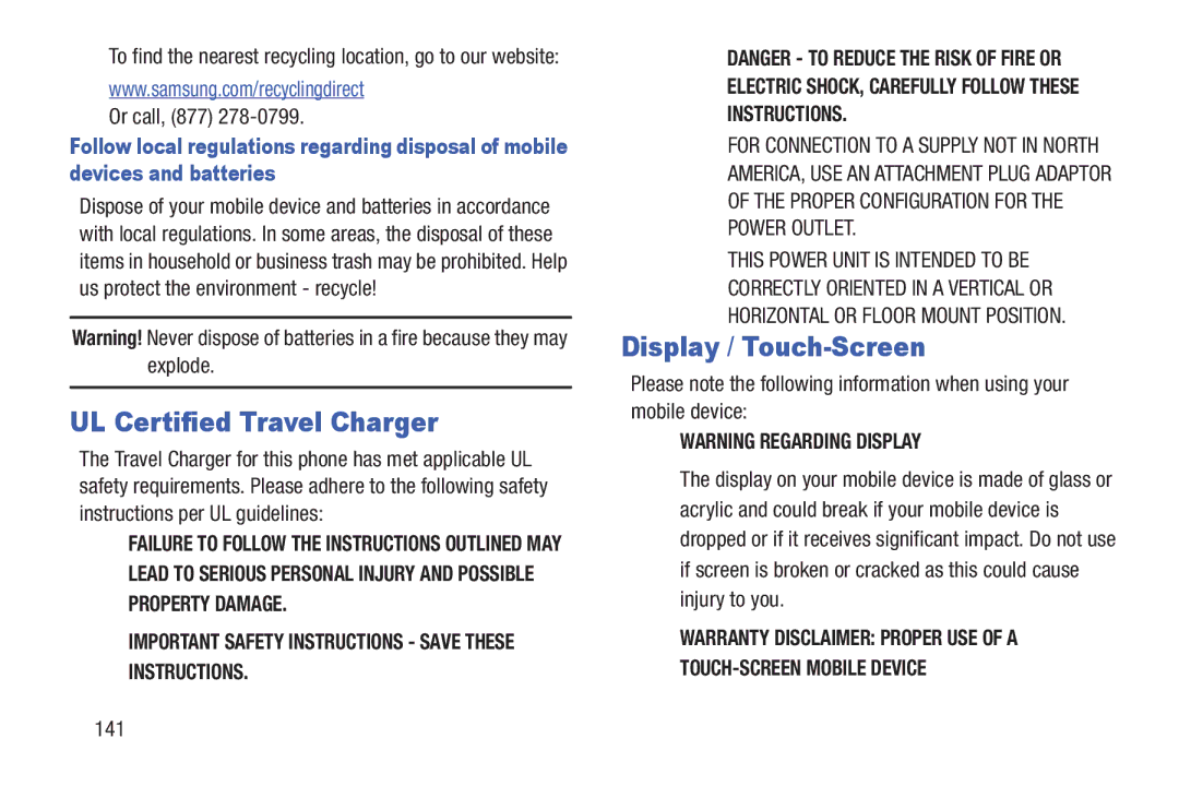 Samsung GH68-39988A manual UL Certified Travel Charger, Display / Touch-Screen, Or call, 877, 141 