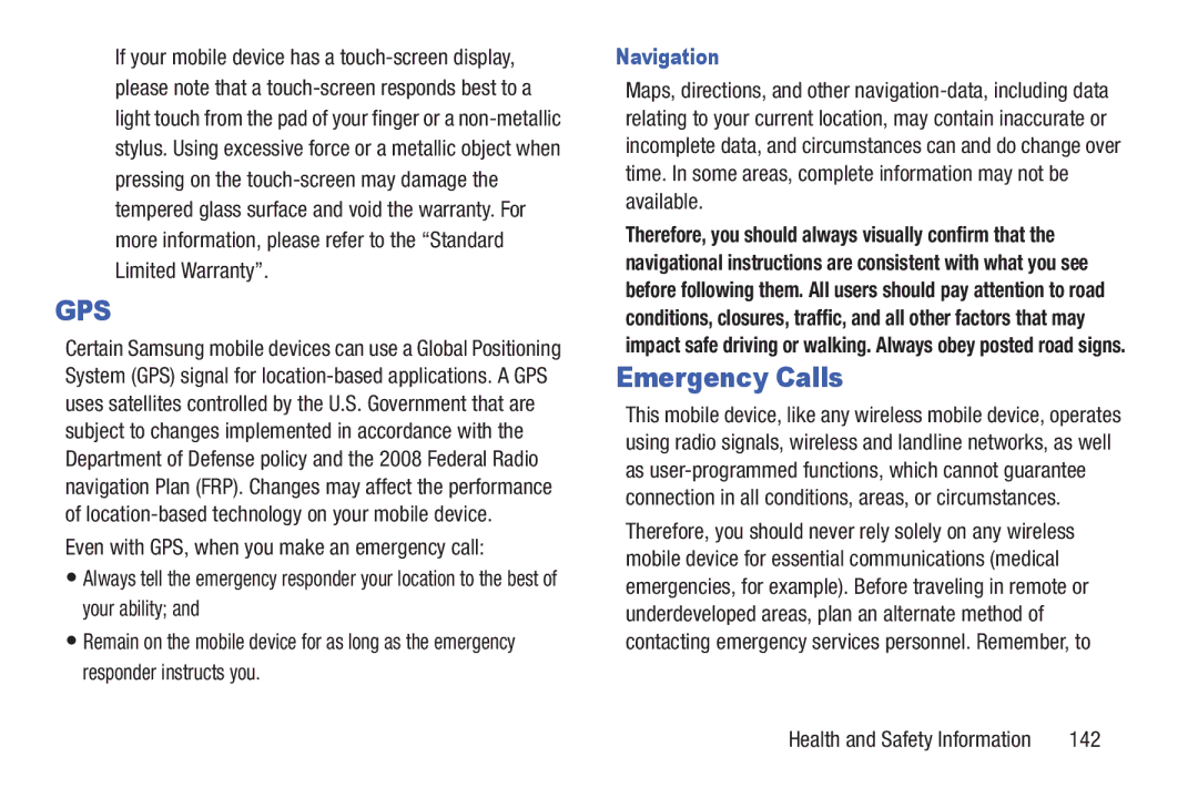 Samsung GH68-39988A manual Emergency Calls, Navigation, 142 