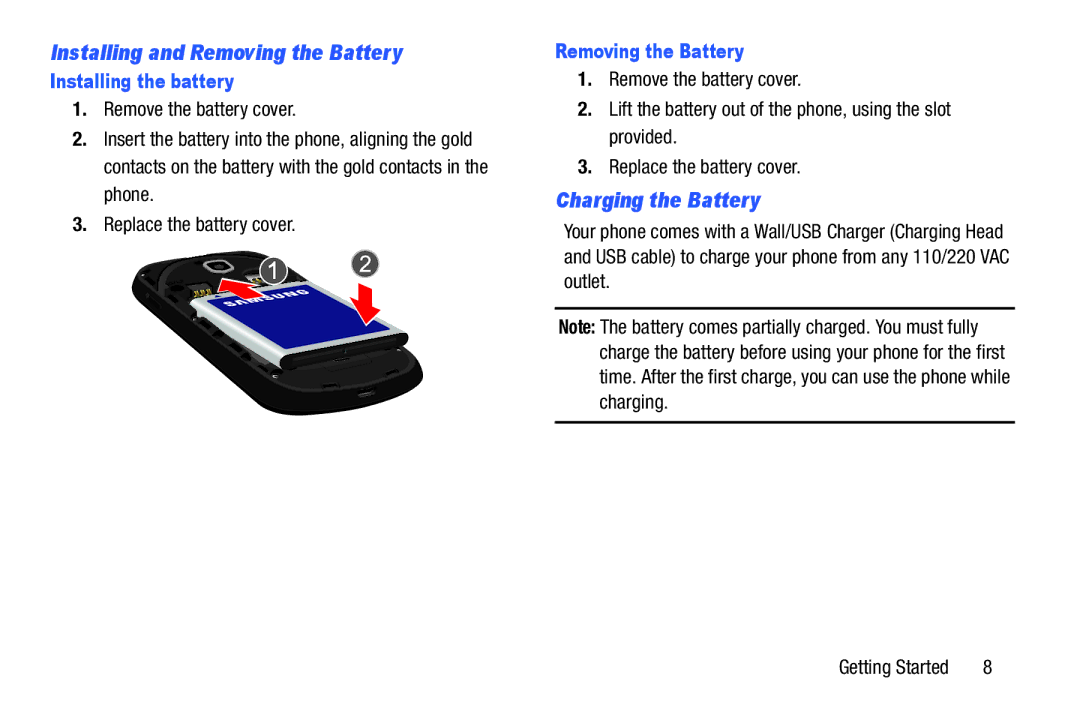 Samsung GH68-39988A manual Installing and Removing the Battery, Charging the Battery, Installing the battery 