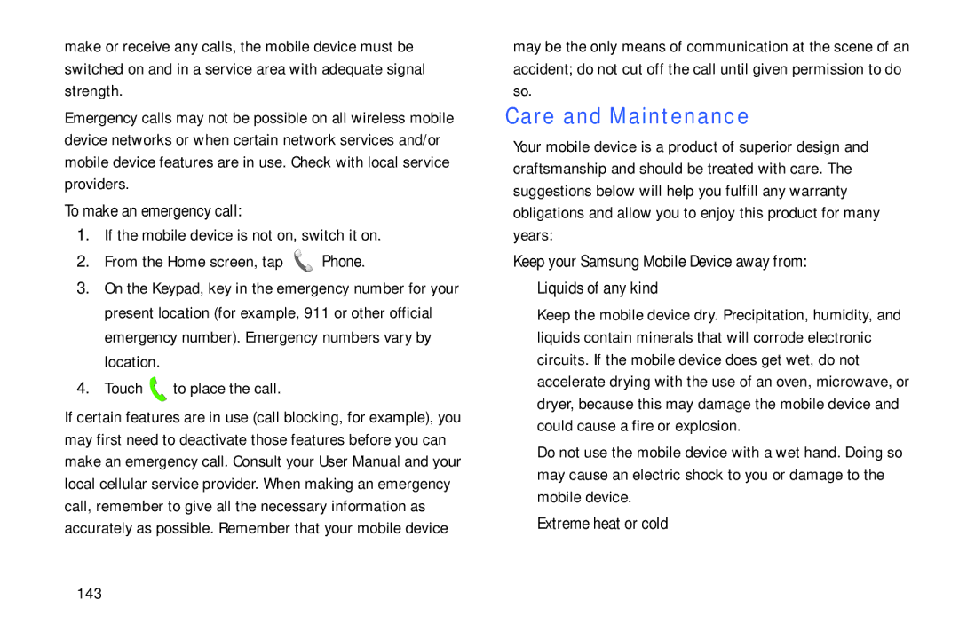 Samsung GH68-39988A manual Care and Maintenance, To make an emergency call, Extreme heat or cold, 143 