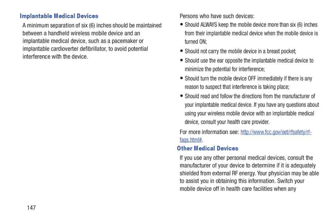 Samsung GH68-39988A manual Implantable Medical Devices, Persons who have such devices, Other Medical Devices, 147 