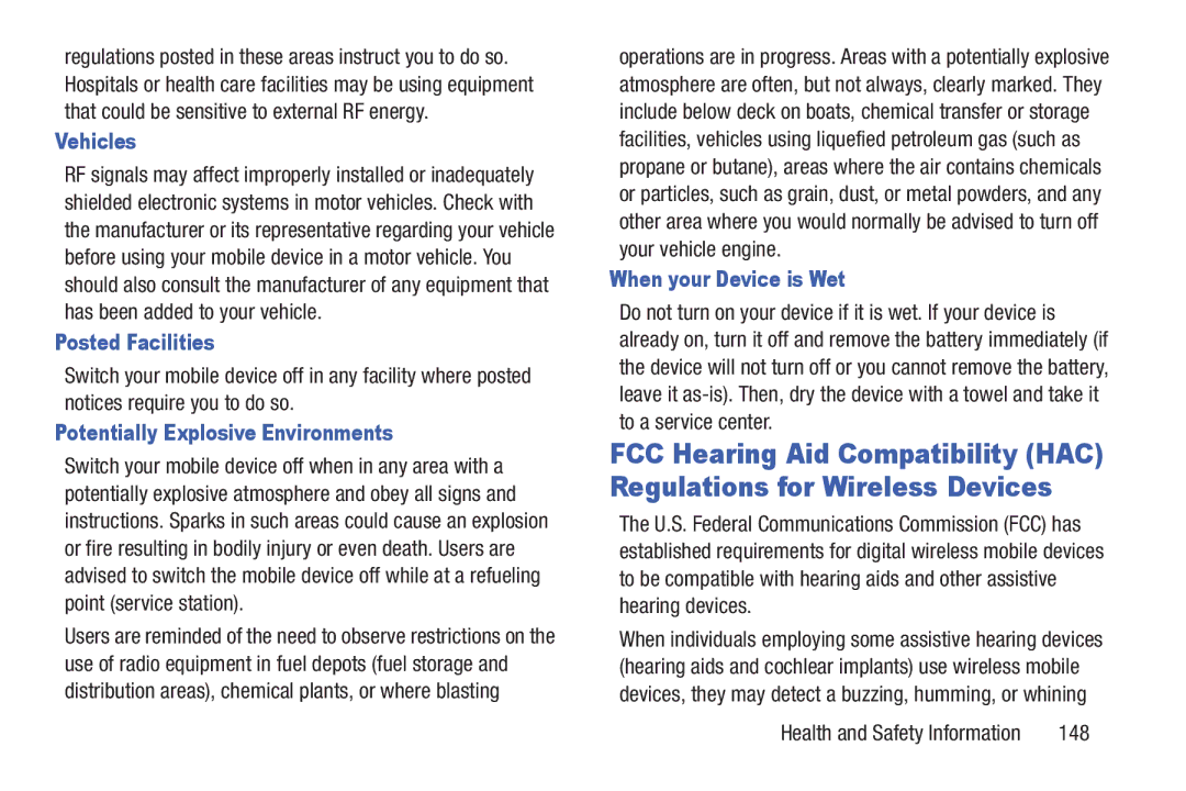 Samsung GH68-39988A manual Vehicles, Posted Facilities, Potentially Explosive Environments, When your Device is Wet, 148 