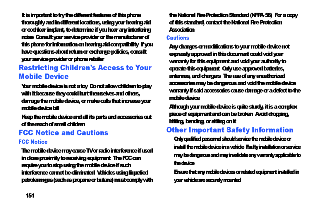 Samsung GH68-39988A manual Restricting Childrens Access to Your Mobile Device, FCC Notice and Cautions, 151 