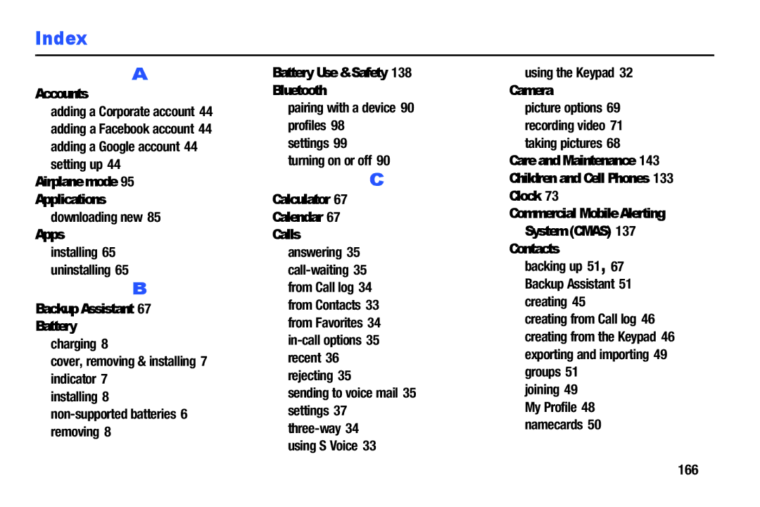 Samsung GH68-39988A manual Accounts, Airplane mode Applications, Apps, Backup Assistant, Battery Use & Safety Bluetooth 