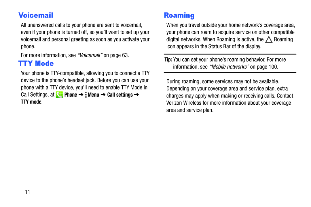 Samsung GH68-39988A manual Voicemail, TTY Mode, Roaming, TTY mode 