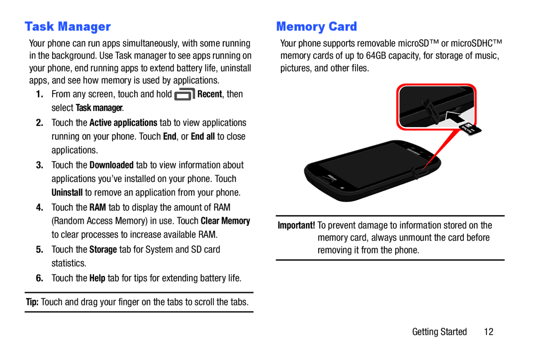 Samsung GH68-39988A manual Task Manager, Memory Card, Touch the Storage tab for System and SD card statistics 