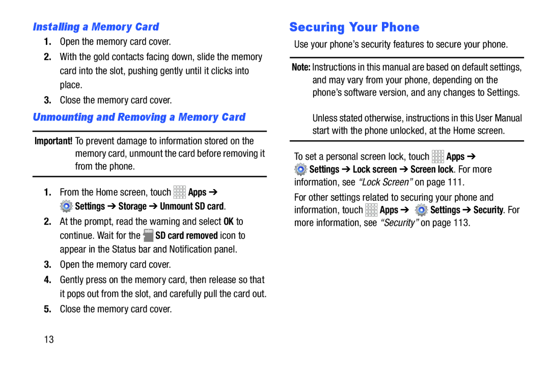 Samsung GH68-39988A manual Securing Your Phone, Installing a Memory Card, Open the memory card cover 