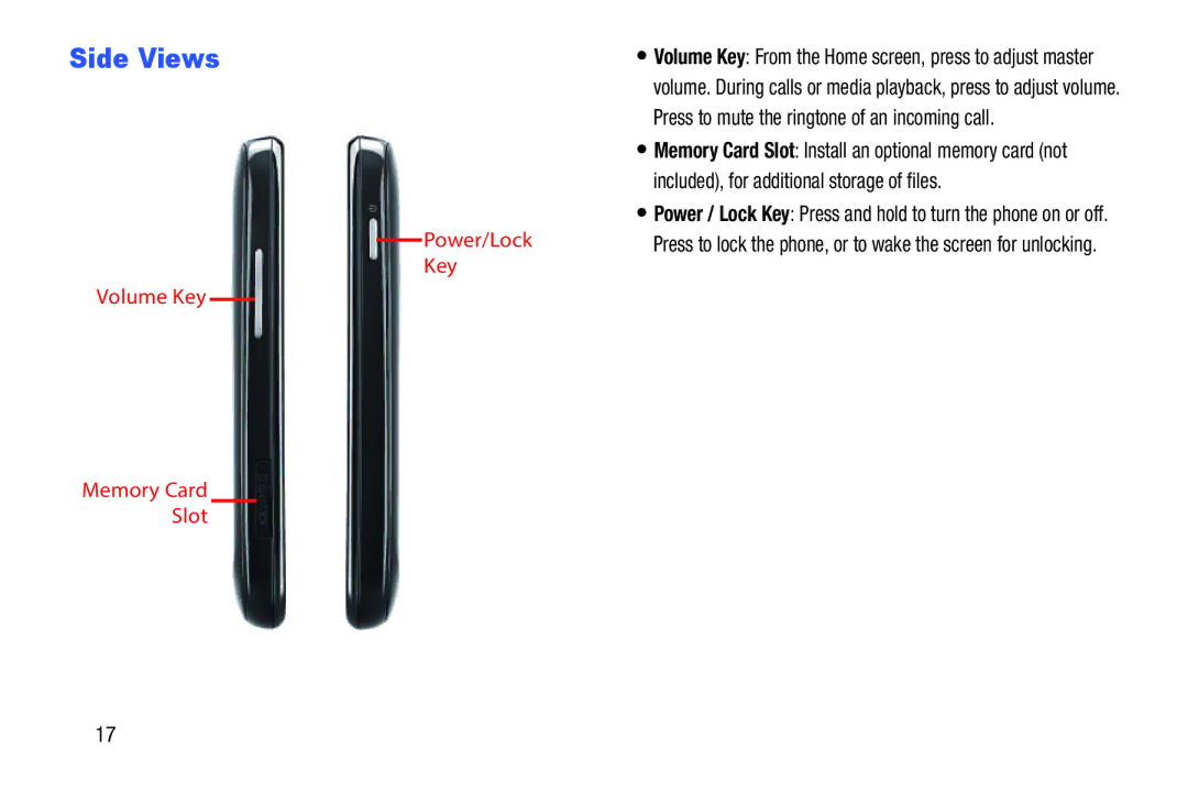 Samsung GH68-39988A manual Side Views, Power/Lock Key Volume Key Memory Card Slot 