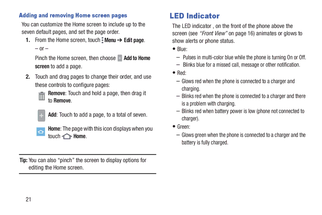 Samsung GH68-39988A manual LED Indicator, Adding and removing Home screen pages, Blue 