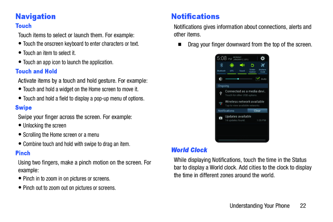 Samsung GH68-39988A manual Navigation, Notifications, World Clock 