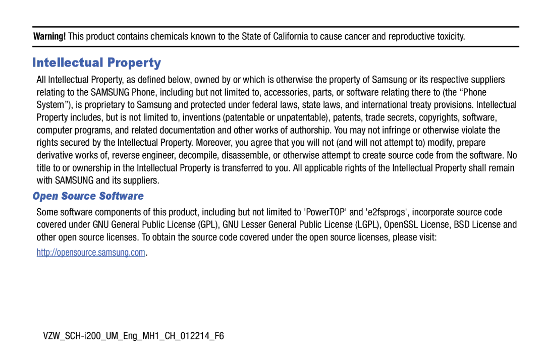 Samsung GH68-39988A manual Intellectual Property, Open Source Software, VZWSCH-i200UMEngMH1CH012214F6 