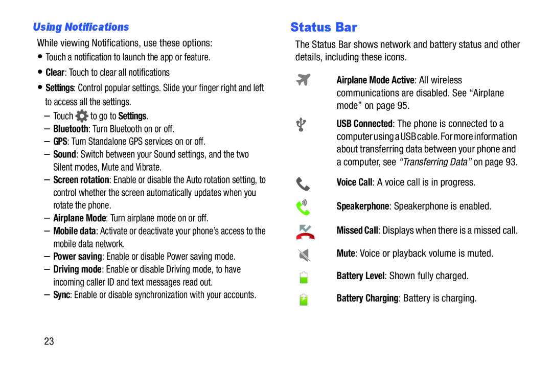 Samsung GH68-39988A manual Status Bar, Using Notifications 